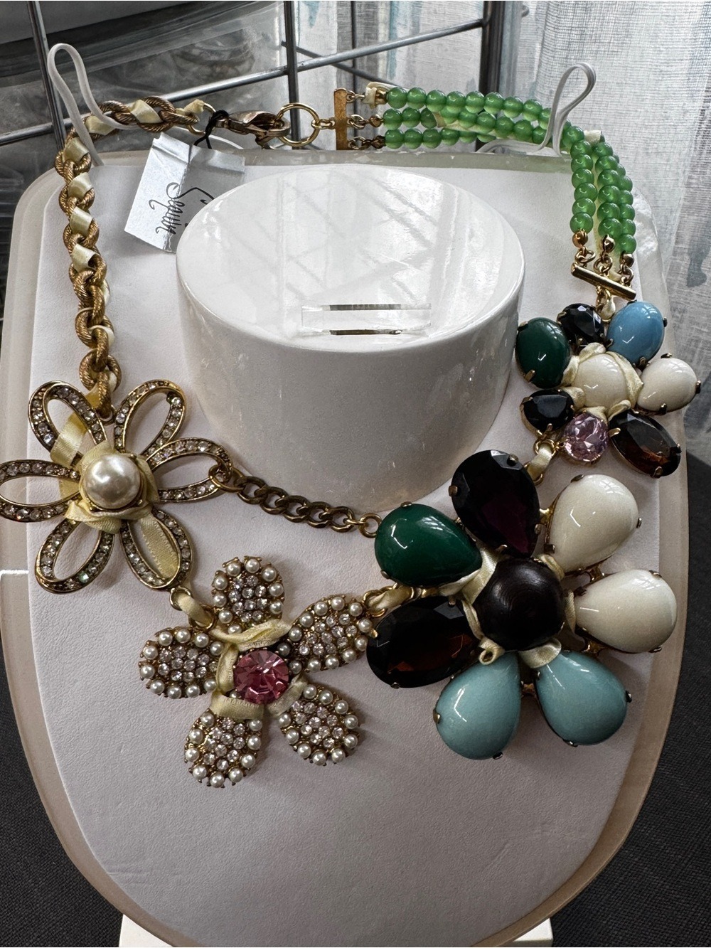 Multi-Color Floral Statement Necklace - Green, Teal & Cream
